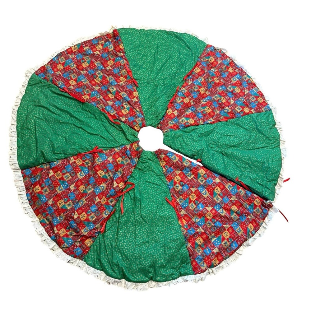 Vintage Christmas Tree Skirt Quilted Round Ruffle Reversible Country Patchwork
